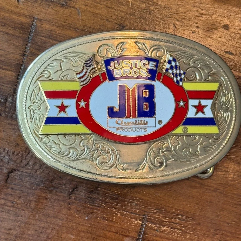 Vintage Justice Bros JB Racing Belt Buckle Gold‎ Tone Western Scrollwork Enamel
